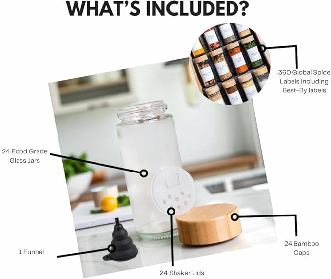 24 pcs Modern Round Glass Spice Jars 120ml with Bamboo Lids and 360 labels- Empty Spice Containers with Shaker Lids and Funnel, Airtight Storage Jars for Spices, Herbs, Seasonings