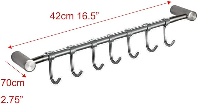42cm 16.5" Premium Stainless Steel Kitchen Tool Utensil Organizer Bar Rack with Movable Hooks for Pan Pot Spoon Towel (C Tall 7 Hooks)
