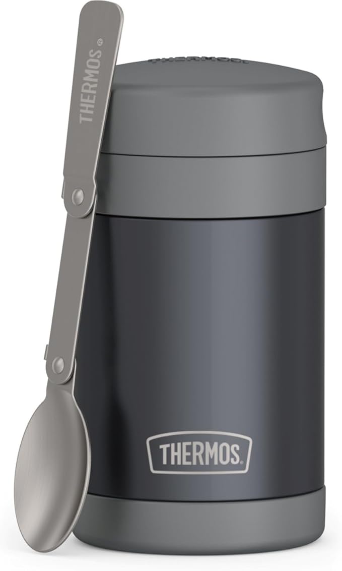THERMOS FUNTAINER Insulated Food Jar, 16 Ounce, Kid Friendly Thermos Food Jar with Foldable Spoon, Matte Charcoal
