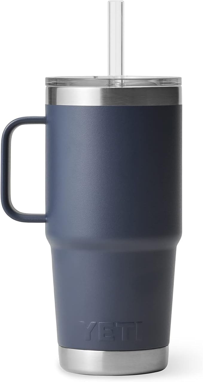 YETI Rambler 25 oz Tumbler with Handle and Straw Lid, Travel Mug Water Tumbler, Vacuum Insulated Cup with Handle, Stainless Steel, Navy
