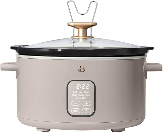 Beautiful 6 Qt Programmable Slow Cooker by Drew Barrymore -5 Preset Cooking Functions, Digital Countdown Timer, Dishwasher-Safe Parts and Cool-Touch Handles (Porcini)