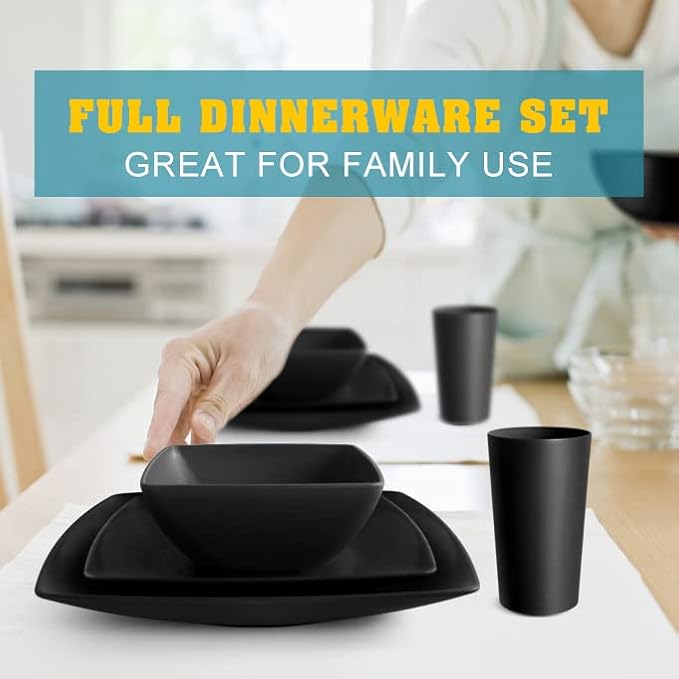 Teivio 16-piece Plastic Wheat Straw Square Dinnerware Set for 4, Unbreakable Dinner Plates, Salad Plates, Snack Bowls, Tumblers 13.5 oz, Dishwasher Safe, Kitchen Outdoor Camping,Black