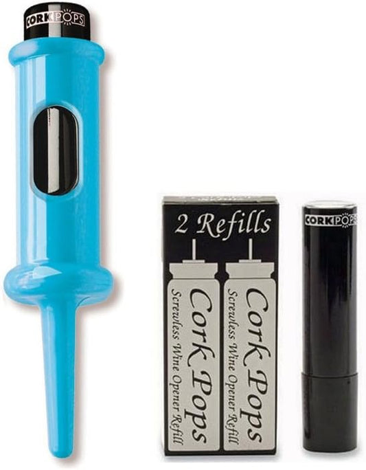 Cork Pops Original Wine Bottle Opener, 6.5 Inch – Made in USA, Effortless Push-Button Cork Removal, Includes Cartridge (Opens Up to 60 Bottles) (Blue, 3 Cartridges)