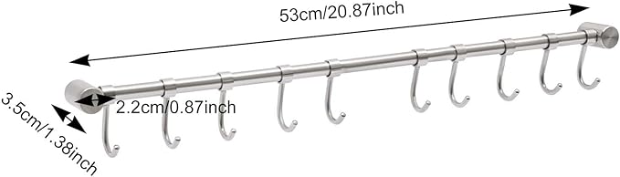 Kitchen Hanging Racks 304 Stainless Steel 20 Inch Rail Utensil Storage Hanger with 10 Pcs Noiseless Sliding Hooks, Wall Mounted Rod Holder for Pots Pan Spatula Spoon Cookware Mug Cup (Silver)