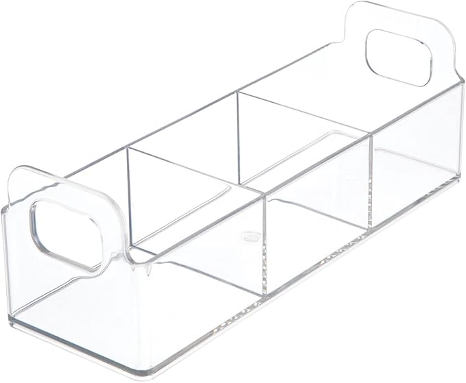 mDesign Plastic Condiment Organizer and Tea Bag Holder - 9" Long Kitchen Pantry/Countertop Storage Caddy - Divided Chip, Snack, Granola, Oatmeal Packet Holder - Lumiere Collection - 4 Pack - Clear