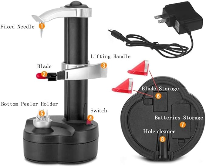 Electric Potato Peeler Automatic Apple Peeler, Smart Vegetable Fruit Peeler Machine, Stainless Steel Kitchen Peeling Tool [1 Adapter 2 Extra Blades] with Apple Slicer Corer (Black-R)