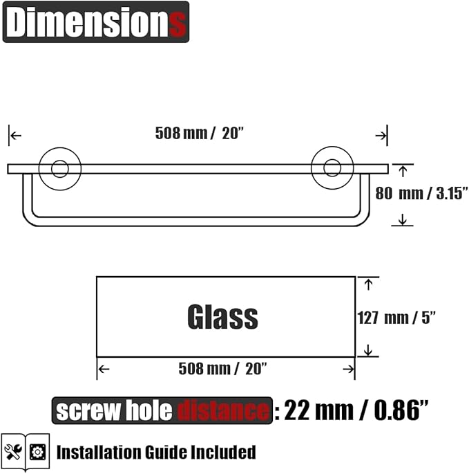 JQK Bathroom Glass Shelf Polished Chome, Shelf with 19 Inch Towel Bar Tempered Glass Shower Storage 20 by 5 inches, 304 Stainless Steel Silver Finish Wall Mount, TGS100L20-CH