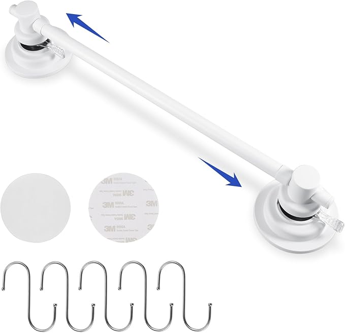 SLIIMU Suction Cup Towel Bar for Shower with 5 Hooks, 17-28 Inch Adjustable Long Bathroom Wall Washcloth Rack,Extendable Glass Shower Door Suction Rag Holder,Towel Rod for Bath Kitchen (White)