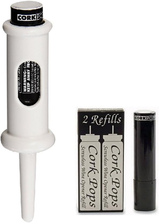 Cork Pops Original Wine Bottle Opener, 6.5 Inch – Made in USA, Effortless Push-Button Cork Removal, Includes Cartridge (Opens Up to 60 Bottles) (White, 3 Cartridges)