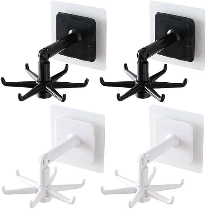 ARTIBETTER 4pcs Rotatable Kitchen Wall Hooks 360° Swivel Under Cabinet Hooks for Utensil Hanging, Black and White, Space-Saving Kitchen Storage Organizer