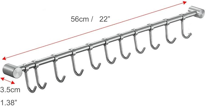 Premium Stainless Steel Kitchen Tool Utensil Organizer Bar Rack with Movable Hooks for Pan Pot Spoon Towel (Traditional, 11 Hooks)