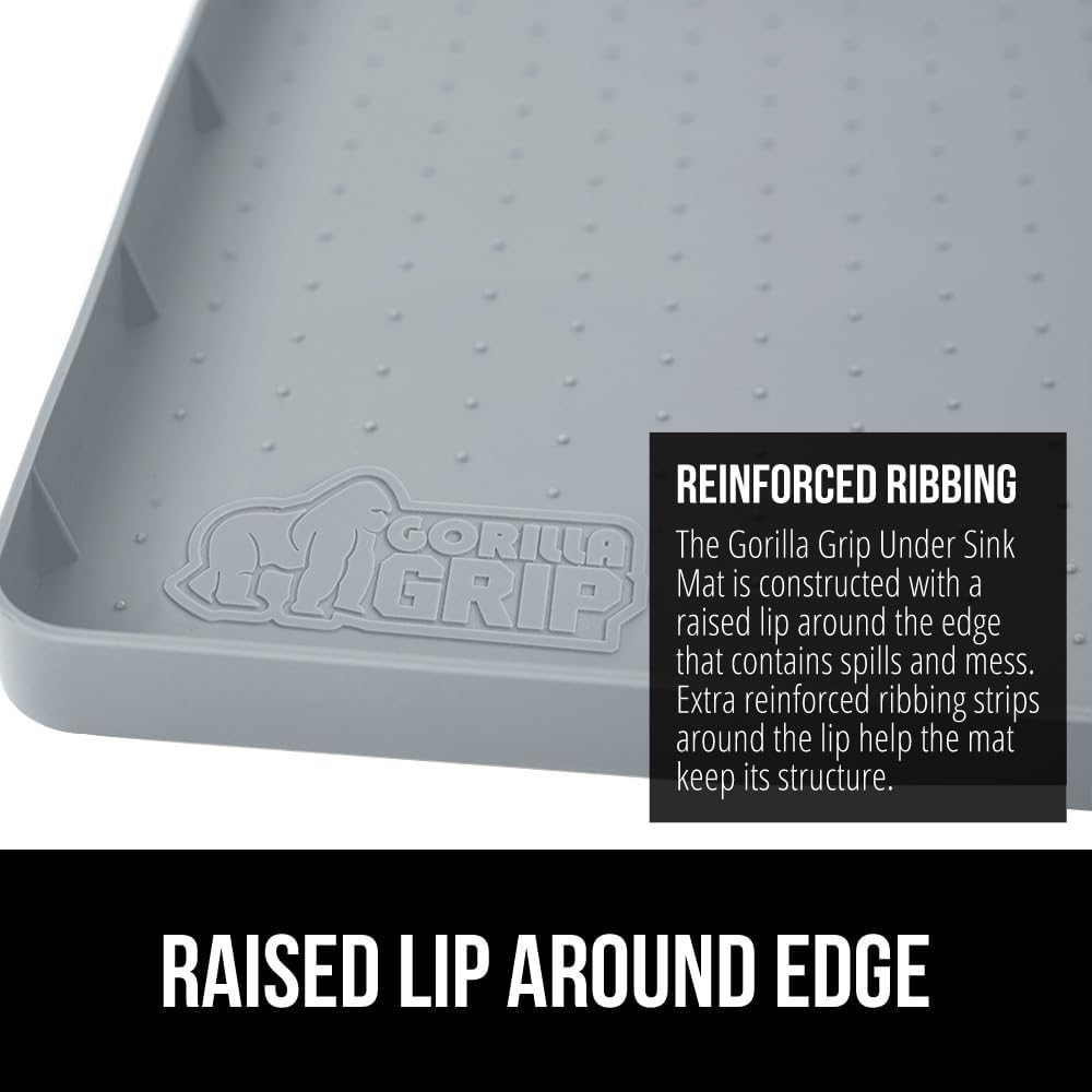 GORILLA GRIP Waterproof Silicone Under Sink Mat with Raised Lip for Kitchen and Bathroom, 34 x 22 in, Cabinet Shelf Liner Stay in Place Mats Dishwasher Safe Drawer Liner, Organizer Tray, Light Grey