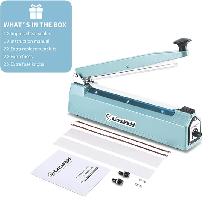 Sealer Pro, Patented 12inch Impulse Heat Bag Sealer, 7mm Sealing Width Poly Bag Seal Machine, 2 Replacement Kits 2 Fuses Included, Blue