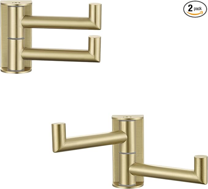 APLusee 2-Pack Brushed Gold Swivel Double Towel Hooks, 304 Stainless Steel Wall Hooks with 2 Arms, Space-Saving Towel Hangers for Bathroom Kitchen RV