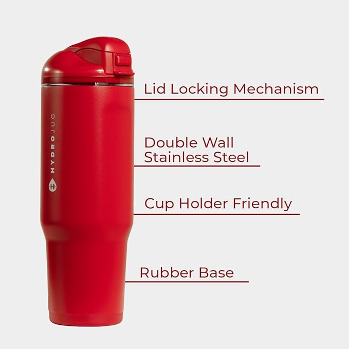 HydroJug Ease2o Water Bottle with Straw & Chug Lid, Stainless Steel, Vented Cap to Help Reduce Pressure, Water-Level Window, Cup Holder Friendly, Non-Slip Base – 40oz, Alumni Red