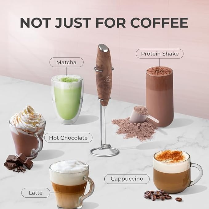Zulay Kitchen Powerful Milk Frother Wand With 4 AA Duracell Batteries - Ultra Fast Handheld Drink Mixer - Electric Whisk Foam Maker for Coffee, Lattes, Cappuccino, Matcha & Creamer - Walnut