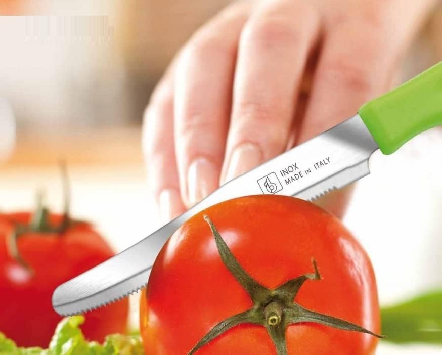 Tredoni 6 kitchen Knives - 4.3"/11cm Italian Stainless Steel Serrated Vegetable/Steak/Table Knife Cutlery, Rounded Tip (Red)