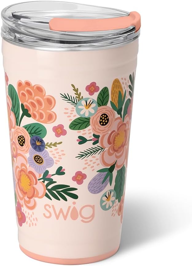 Swig Life 24oz Party Cup, Stackable Insulated Travel Coffee Tumbler with EZ Slider Lid, Cup Holder Friendly, Stainless Steel 24 oz Tumbler, Reusable Coffee Mug (Full Bloom)