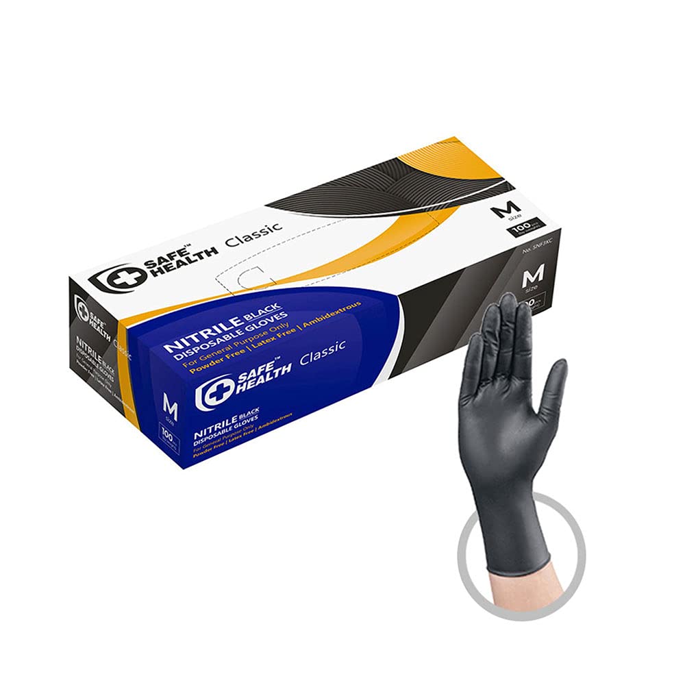 SAFE HEALTH Nitrile Black Industrial Disposable Gloves-Medium 3.5 Mil Box of 100 Powder Free-Latex Free Tattoo-Beauty Salon-Hair Nail Studio-Auto Repair-Car Maintenance-Household-Daily