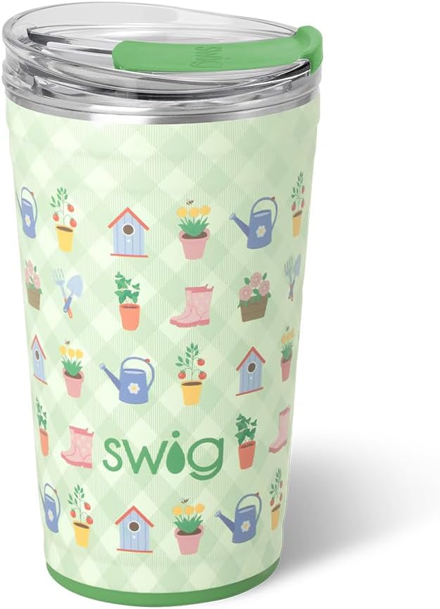 Swig Life 24oz Party Cup, Stackable Insulated Travel Coffee Tumbler with EZ Slider Lid, Cup Holder Friendly Travel, Stainless Steel 24 oz Tumbler, Reusable Mug (Green Thumb)