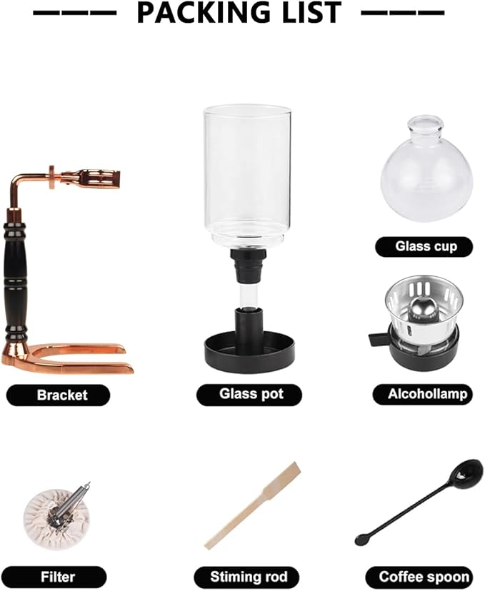 Tabletop Glass Siphon Pot, Vacuum Siphon Coffee Maker 3-Cup (360ml) with Alcohol Burner, Adjustable Buffer Clamp, Stainless Steel Bracket Base for Coffee Aficionados