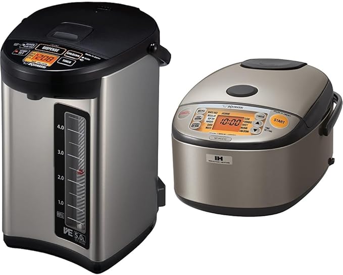 Zojirushi CV-JAC50XB, VE Hybrid Water Boiler & Warmer, 5.0 Liter, Stainless Black, Made in Japan & NP-HCC10XH Induction Heating System Rice Cooker and Warmer, 1 L, Stainless Dark Gray