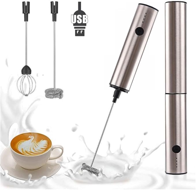 Handheld Electric Milk Frother, 3 Speed Stainless Steel Foam Maker, USB Rechargeable with Charging Base, 2 Whisks, LED Battery Indicator - for Coffee, Latte, Cappuccino, Hot Chocolate