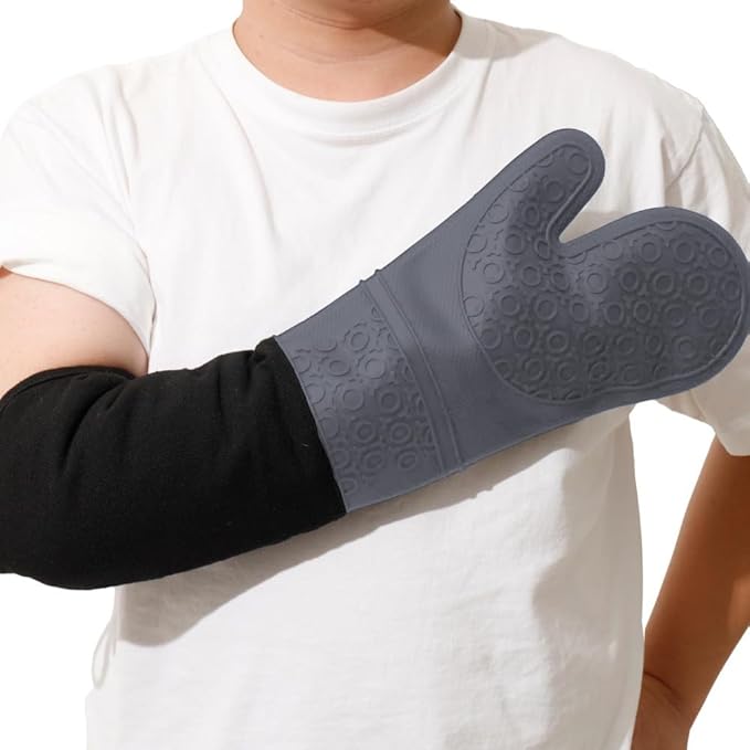Extra Long High Temp Oven Mitts - 2pcs Commercial, Heavy Duty Non-Slip Grip Mitts - Silicone Heat Resistant Up to 500 Degrees, Ideal for Cooking, Baking & Frying, Grey