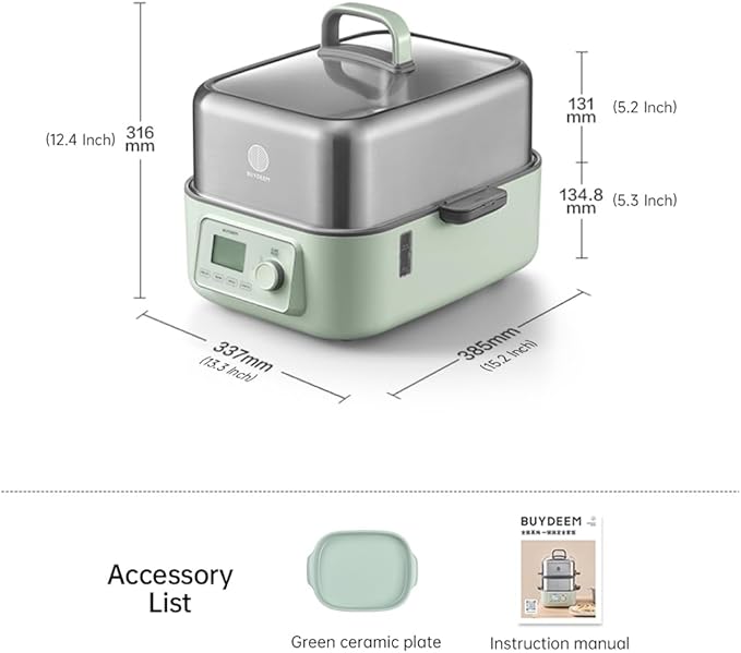 BUYDEEM G67US Electric Food Steamer for Cooking, 1 Tire Stainless Steel Steamer with Manual Mode, 1500W, 7 Quart, Green