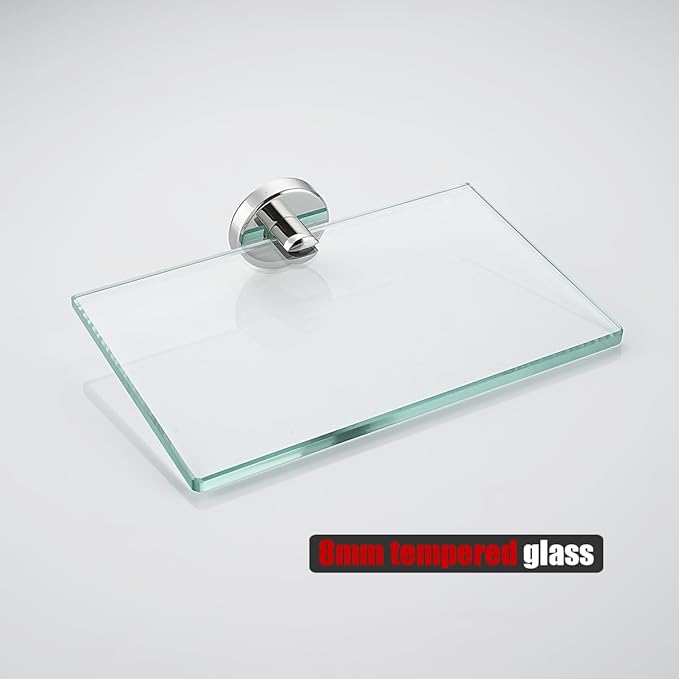 JQK Bathroom Glass Shelf Chrome, Tempered Glass Shower Storage 8 by 5 inches, 304 Stainless Steel Polished Chrome Wall Mount 2 Pack, TGS101L8-CH-P2