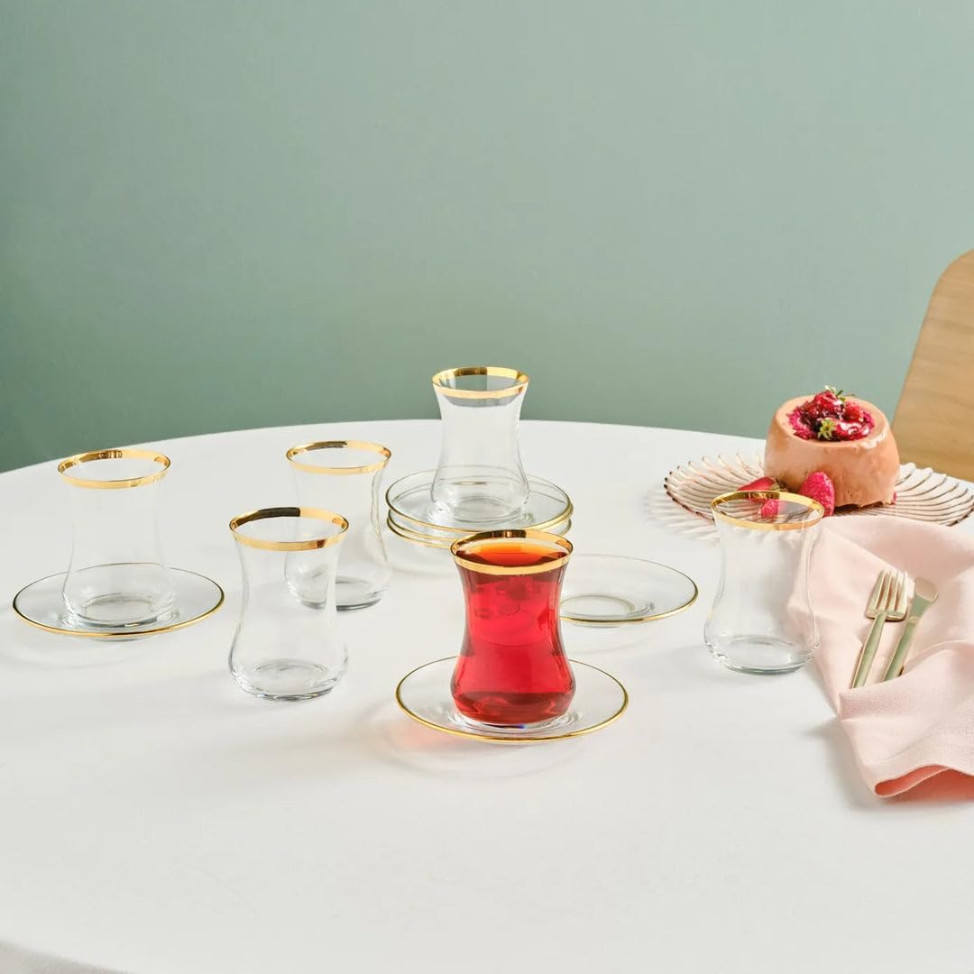 KARACA Sydney Glass Turkish Tea Set for 6 People, Gold, 12 Pieces Tea Service, 6 Turkish Tea Glasses with Saucers, Glass, 5.4 fl oz Tea Plates/Saucers
