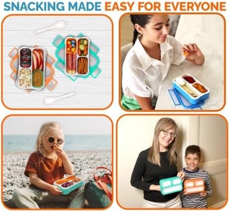 Small Snack Containers for Kids Toddlers - 3 Compartments (Set of 2) - Leak-Proof Reusable Boxes with Lids - BPA-Free Plastic Mini Bento Lunch Box - Ideal for School, Holds 2 Cups (Teal Blue+Orange)