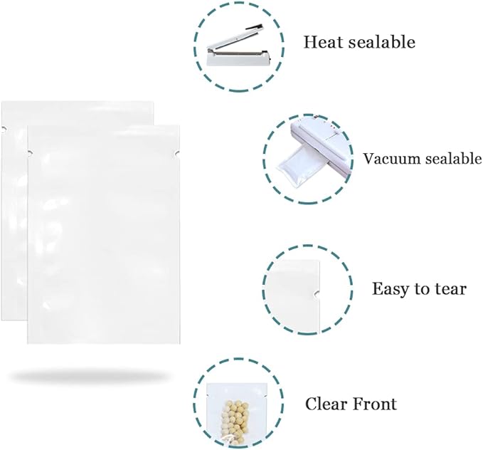 PABCK 1000 Pack 3.5x5.1 inch (Usable Size 3.1x4.7 inch) White Front Clear Open Top 2.8mil Plastic Vacuum Pouch Heat Sealable Bags for Food Storage Packets Mini Sample with Tear Notches