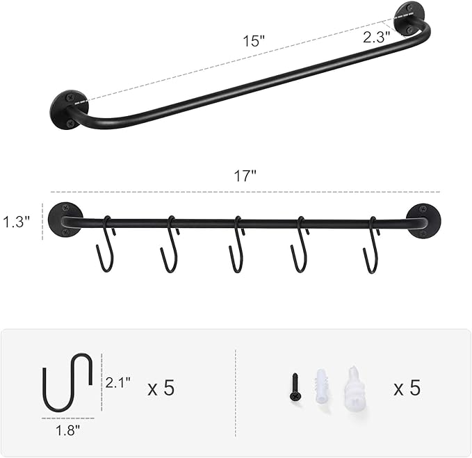 Mkono Mug Holder Wall Mounted Coffee Cup Rack Hanger Modern Metal with 5 Mug Hooks Rustic Utensil Tea Cups Storage Organizer for Kitchen Dining Room Coffee Bar,Black