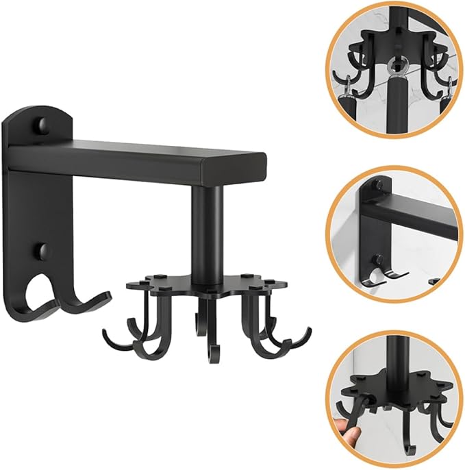 Cabilock Rotatable 8-Claw Wall Mounted Hanger Kitchen Utensil Hook Black Space Aluminum 360-degree Swivel Organizer for Cup and Sundries Storage