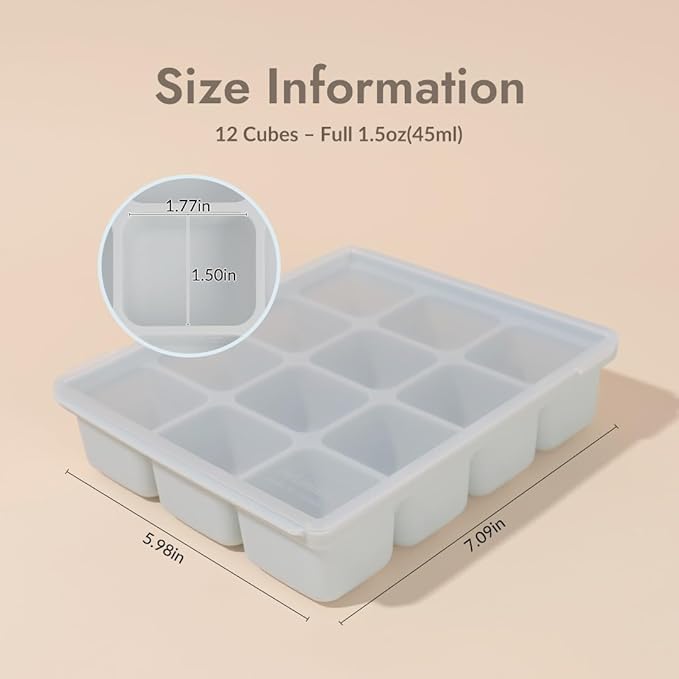 Baby Food Storage Silicone Cubes with Clip-On Lid Freezer Tray Baby Food Soups Purees Ice Safe Design Made in Korea (12cubes 1.5oz, Sand Beige Set OF2)
