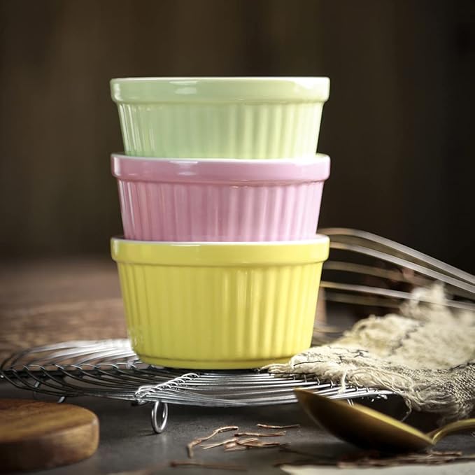 Ramekins 6oz Oven Safe,Creme Brulee Ramekin and Souffle Dishes,Porcelain Baking Bowls,Dipping Sauce Dish.Pudding Cups,Set of 6,Yellow.