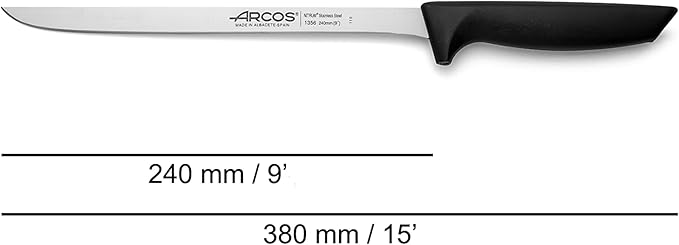Arcos 2 Piece Carving Knife Set. Ham Slicer Knife and Chaira Sharpener in Stainless Steel with Ergonomic Polypropylene Handle. Series Niza. Color Black
