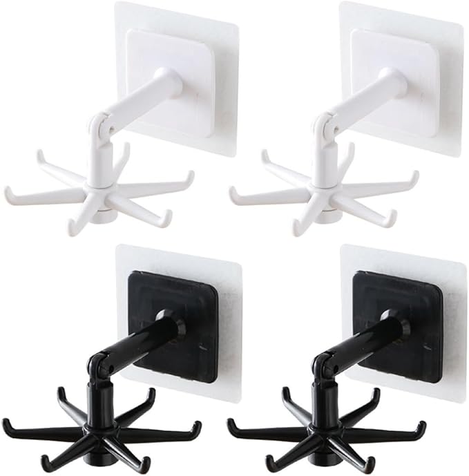 ARTIBETTER 4pcs Rotatable Kitchen Utensil Hooks Set, 360° Swivel Hanging Holders for Wall Under Cabinet Storage, Black and White Non-Drill Hooks for Space-Saving Organization