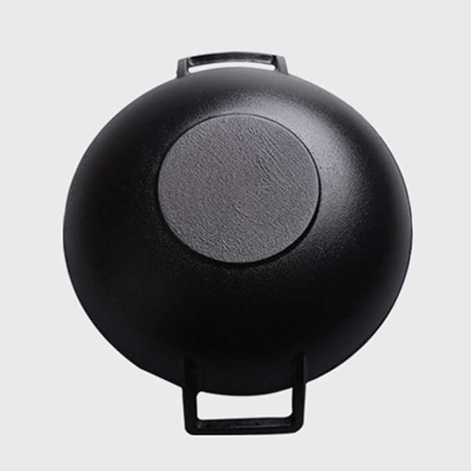 Cast Iron Wok Pan, No Chemical Flat Bottom Stir Fry Pan with 2 Handled and Wooden Lid for Electric, Induction & Gas Stoves-36cm in Diameter