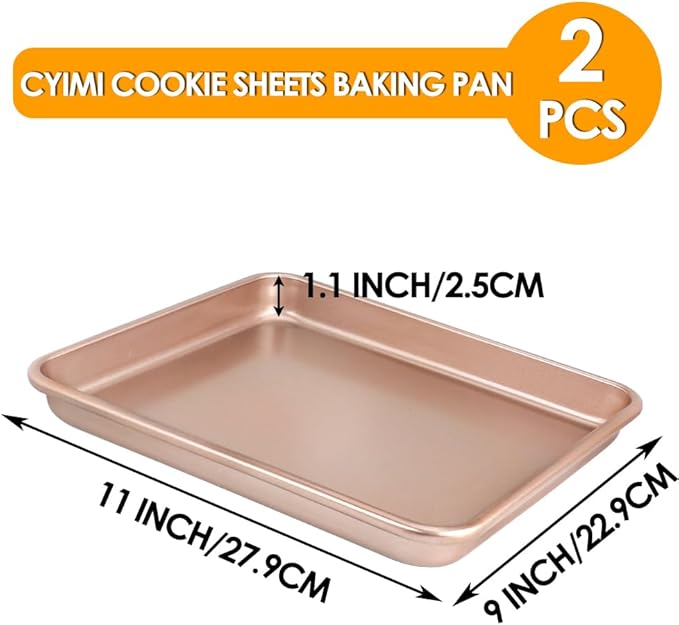 11" x 9" Baking Pans, Cookie Sheets Set of 2, Nonstick Toaster Oven Pan Set for Baking, Heavy Duty Carbon Steel Non-toxic Oven Replacement Cookie Tray for Kitchen Bakery, Gold