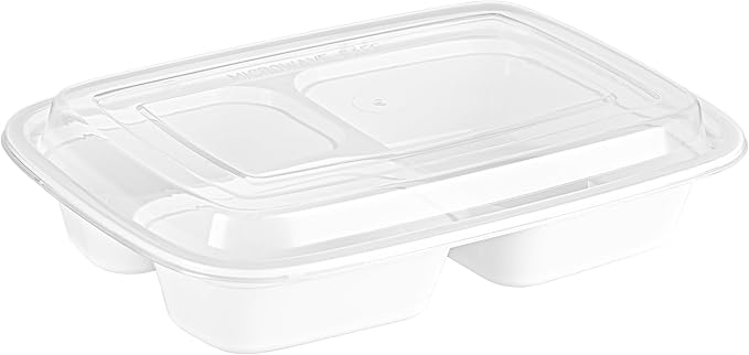 Asporto 26 Ounce Compartment Take Out Boxes, 50 Microwavable Meal Prep Containers - 3 Compartments, With Clear Plastic Lids, White Plastic Food Containers, Do Not Contain BPA - Restaurantware