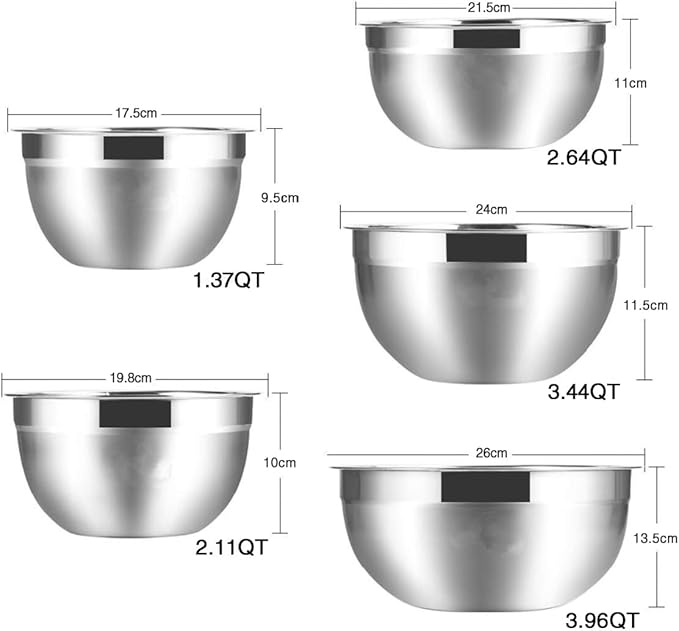 Mixing Bowls, 5Pcs Stainless Steel Mixing Bowl Set, Utensils for the Kitchen, Multifunctional, Stackable, Dishwasher Safe, 3.75L / 3.25L / 2.5L / 2L / 1.3L (Without)