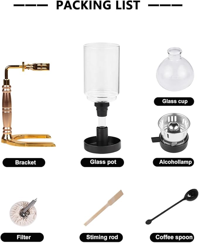 Japanese Siphon Coffee Maker, Glass Vacuum Siphon Coffee Pot 5-Cup (600ml) with Alcohol Burner, Adjustable Buffer Clamp, Stainless Steel Bracket Base for Coffee Aficionados