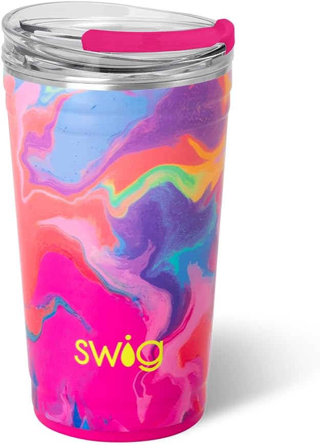 Swig Life 24oz Party Cup, Stackable Insulated Travel Coffee Tumbler with EZ Slider Lid, Cup Holder Friendly, Stainless Steel 24 oz Tumbler, Reusable Coffee Mug (Candy Crush)