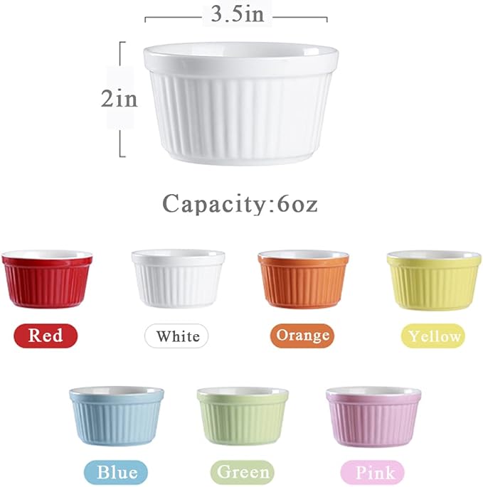 Ramekins 6oz Oven Safe,Creme Brulee Ramekin and Souffle Dishes,Porcelain Baking Bowls,Dipping Sauce Dish.Pudding Cups,Set of 6,Yellow.