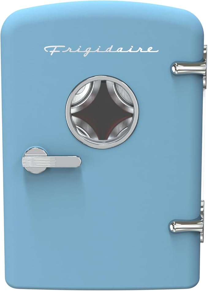 Frigidaire Retro 9-Can Mini Personal Fridge Portable Cooler for Car, Office, Bedroom, Dorm Room, or Cabin, 11.8" D x 7.1" W x 10.1" H, BLUE