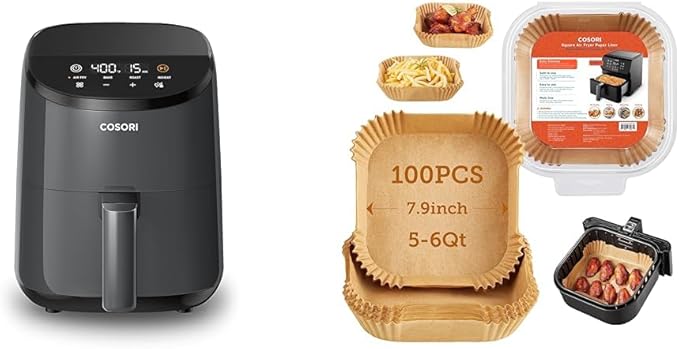 Cosori Mini Air Fryer 2.1 Qt, 4-in-1 Small Airfryer, Bake, Roast, Reheat & Air Fryer Liners, 100 PCS Square Disposable Paper Liners