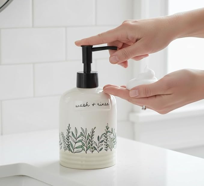 Young's Inc Quiet Cottage Ceramic Soap and Lotion Dispenser, Farmhouse Botanical Kitchen Sink Soap Pump, Rustic Cottagecore Bathroom Countertop Soap Dispenser Bottle, 6.7 Inch