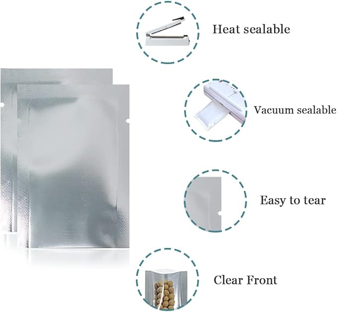 Silver Aluminum Foil Pouch Heat Seal Front Window Plastic Mini Open Top Flat Vacuum Packaging Mylar Bag Food Small Sample Mylar Storage with Tear Notch (1000, 8x12cm(3.1x4.7 inch))